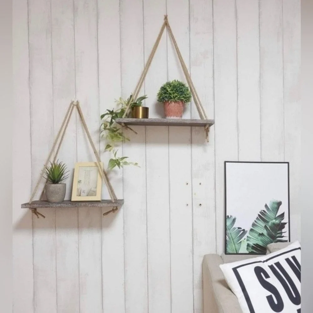 Boho Rustic Wall Hanging Wood Floating Shelves, Set of 2